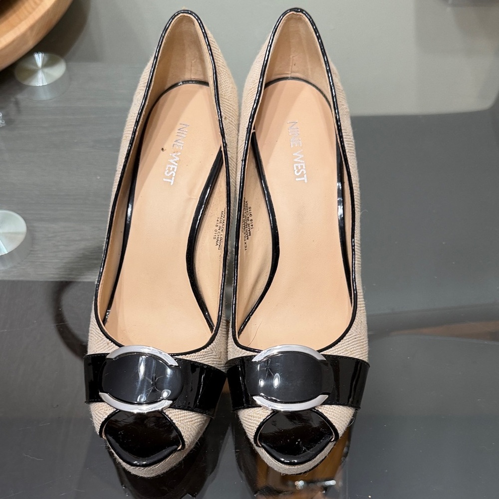 Nine West Black and Tan Peep Toe Heels